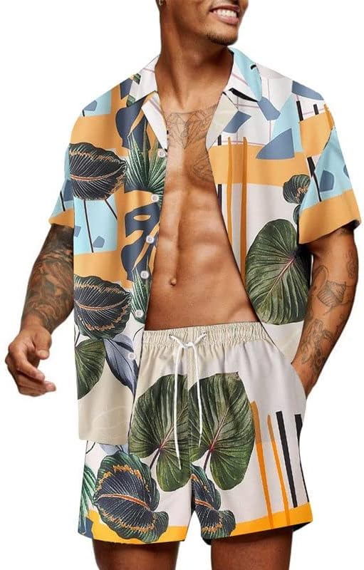 הדפס לגברים של לייג ', כפתור דש, חולצת שרוול קצרה וחוף קיץ קצר לגברים הוואי סבך שני חלקים מזדמנים S-3XL
