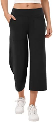 מכנסי קפרי רגל רחבים לנשים לנשים מושכים בטרקלין רופף אימון יוגה אימון מותניים אלסטיים מכנסיים קצוצים עם כיסים