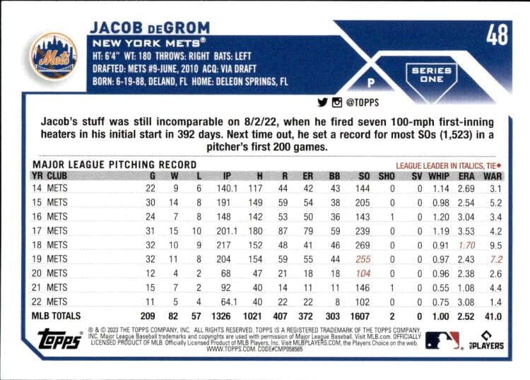 Jacob Degrom 2023 Topps 48 ננומטר+ -MT+ MLB בייסבול Mets