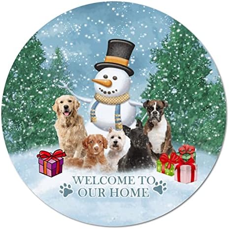 ברוך הבא לכלבי השלג הביתי שלנו וינטג 'מתכת עגולה שלט פח פלאק מעגל מתכת שלט מתכת שלט בר חלוד שלט בר רטרו זר לחג המולד של חג המולד Farmhouse