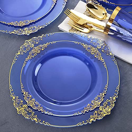 עצבים 175 יחידות ברור כחול פלסטיק צלחות - זהב פלסטיק צלחות סטים כולל 25 צלחות ארוחת ערב, 25 צלחות קינוח, 25 כוסות, 25 מזלגות, 25 סכינים,